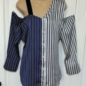 INC International Concepts Asymmetrical Striped Blouse - Blue and White